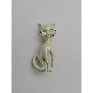 Vintage small‎ iridescent white enamel CAT brooch pin